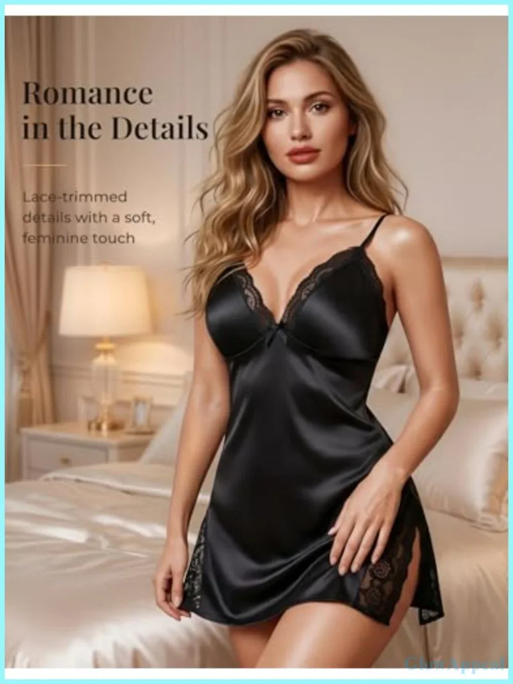 Satin Lace Trim Babydoll Slip Sleep Dress V-Neck Spaghetti Straps